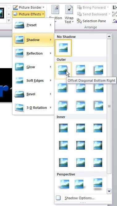 how to add a drop shadow rectangle picture style in word
