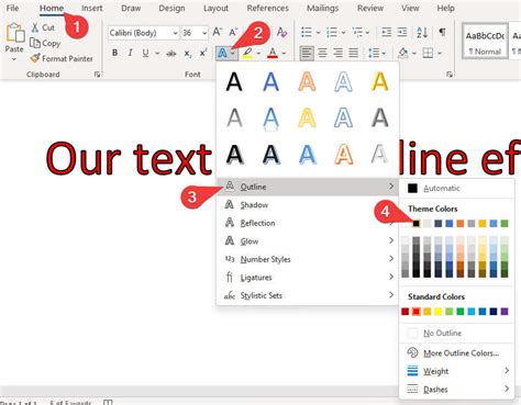 how to add a outline to text in word