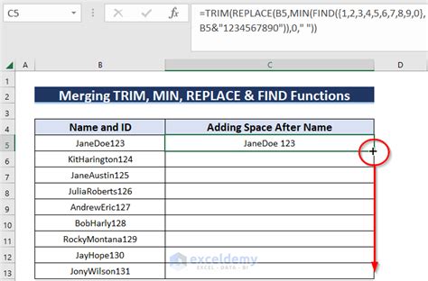 how to add a space between text in excel column