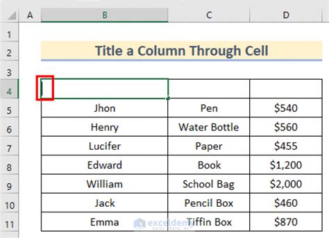 how to add a title cell in excel