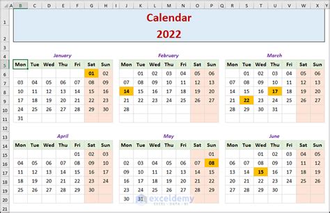 how to add a year calendar in excel