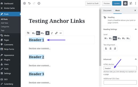 how to add anchor text in wordpress