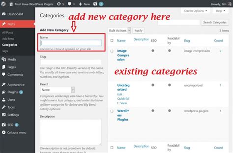 how to add category in wordpress page