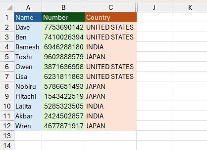 how to add country code in excel sheet