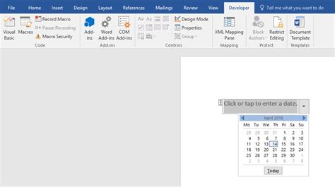 how to add date content control in word