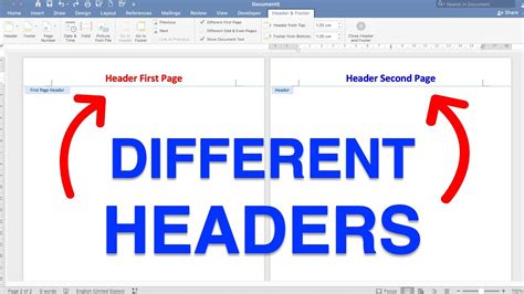 how to add different header on next page in word