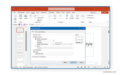 how to add footer in powerpoint slide master