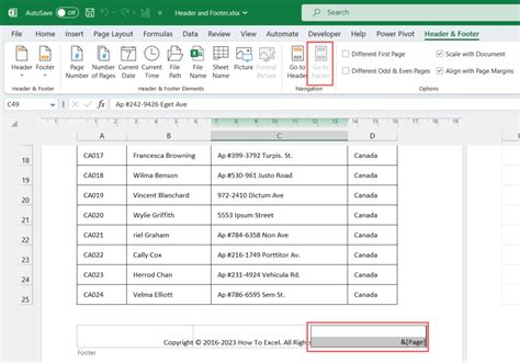 how to add header and footer in excel for all pages