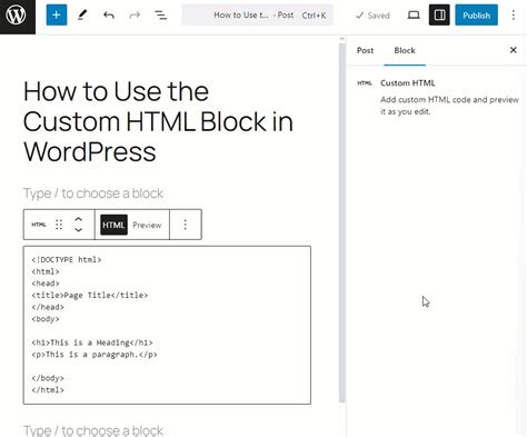 how to add html block in wordpress