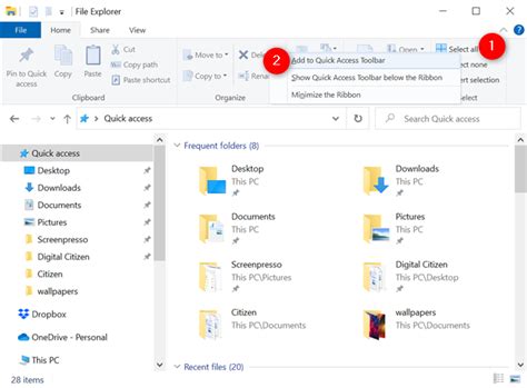 how to add items to quick access toolbar windows 10