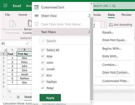 how to add more text filters in excel