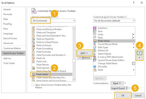 how to add paste values to quick access toolbar excel 365