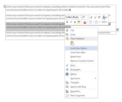 how to add repeating content control in word