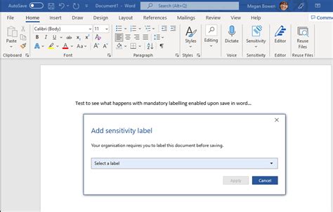 how to add sensitivity label in word document