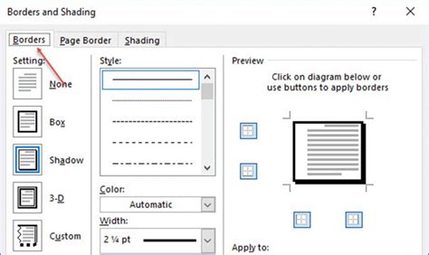 how to add shadow border in word