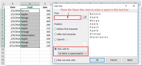 how to add space in word in excel