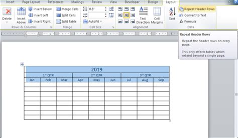 how to add table header in word for all pages