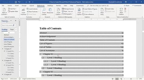 how to add table of contents in word document