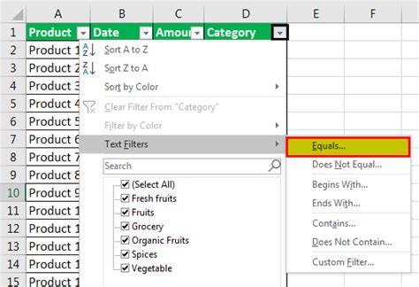 how to add text filter in excel column
