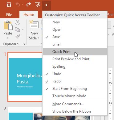 how to add the copy button to the quick access toolbar in power point