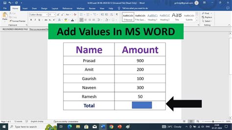 how to add values in word
