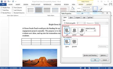 how to align lines in word table