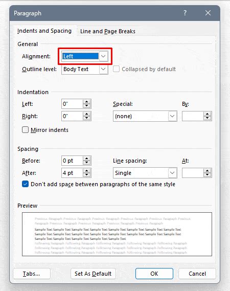 how to align space in word