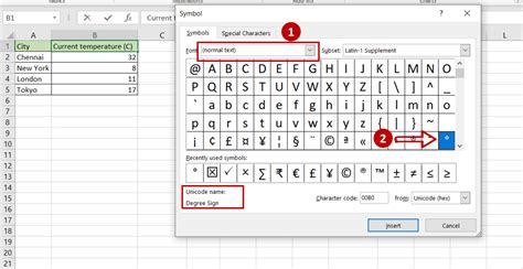 how to apply degree symbol in excel