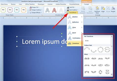 how to apply transform text effect in powerpoint