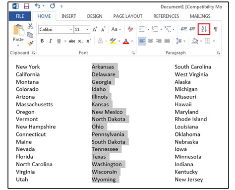 how to arrange names in alphabetical order in word document
