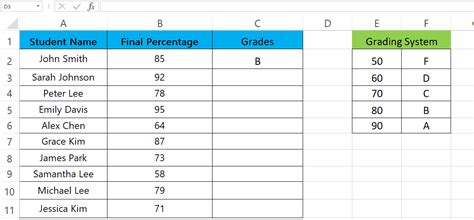 how to assign letter grades in excel