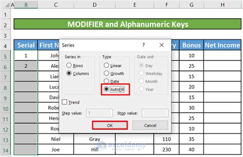 how to autofill numbers in excel using keyboard