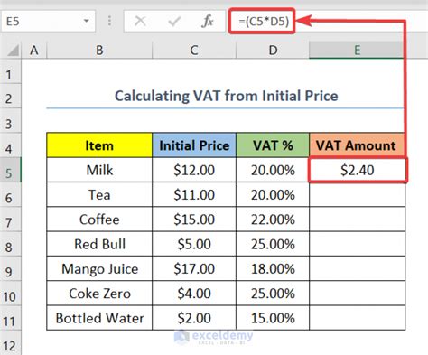 how to automatically calculate vat in excel