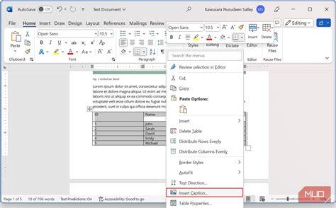 how to automatically insert table caption in word