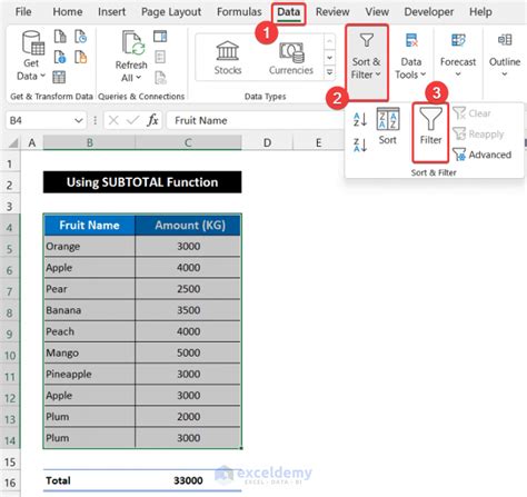 how to automatically sum filtered data in excel