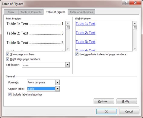 how to build a list of tables in word