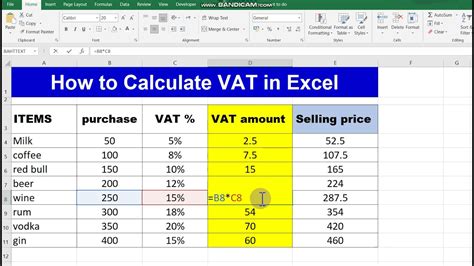 how to calculate 5 vat from total amount in excel