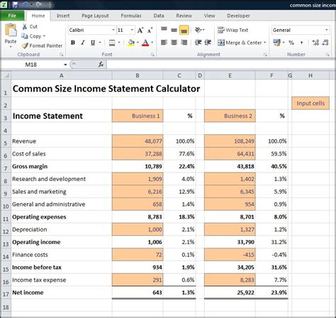 how to calculate common size income statement in excel