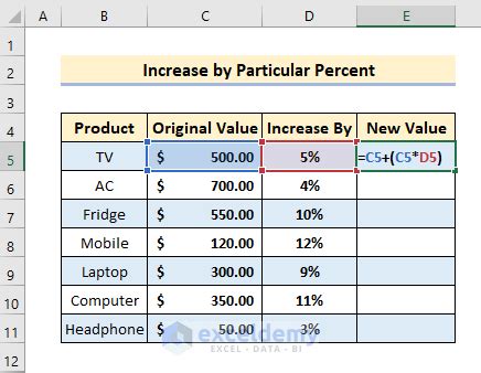 how to calculate original value from percentage increase in excel