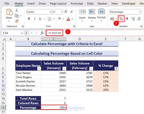 how to calculate percentage based on cell color in excel