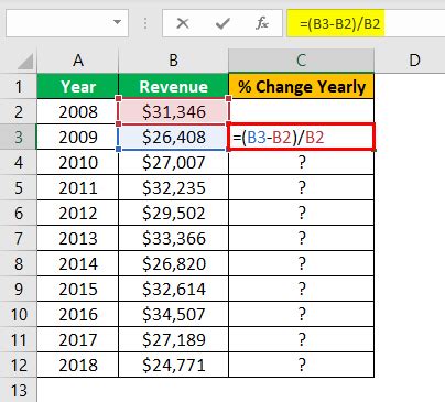 how to calculate percentage change between two years in excel