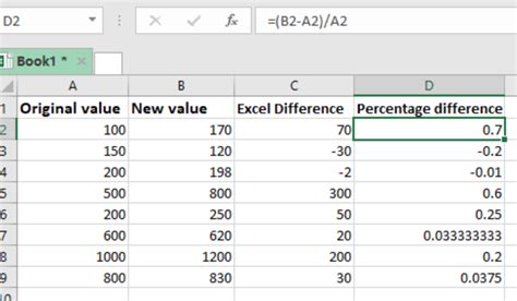how to calculate percentage difference of two values in excel