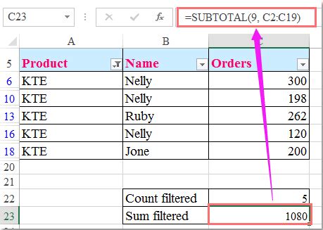 how to calculate sum after filter in excel