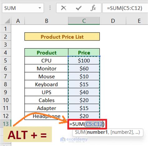 how to calculate sum in excel shortcut