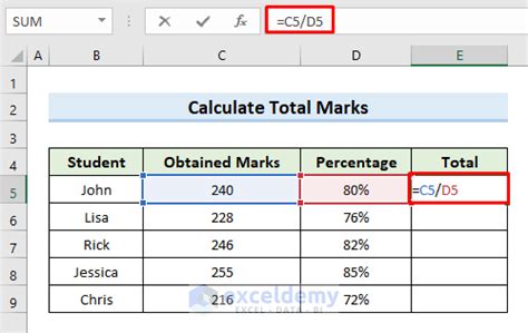 how to calculate total percentage of marks in excel