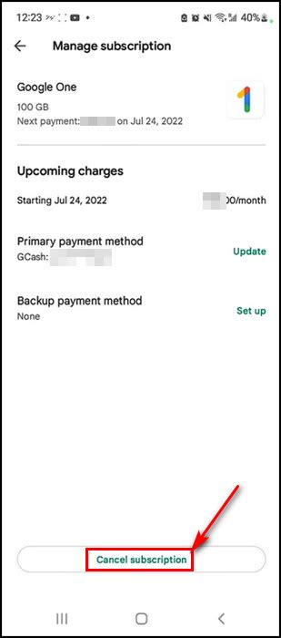 how to cancel google storage subscription on android