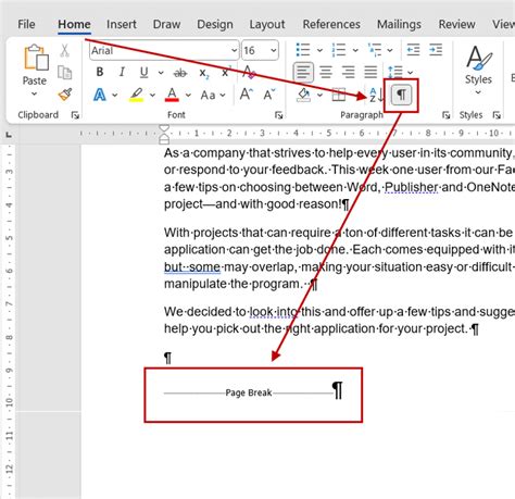 how to cancel page break in word document