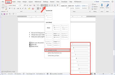 how to change bullet list level in word