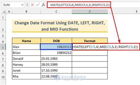 how to change date format in formula bar
