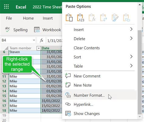 how to change date in excel for entire row